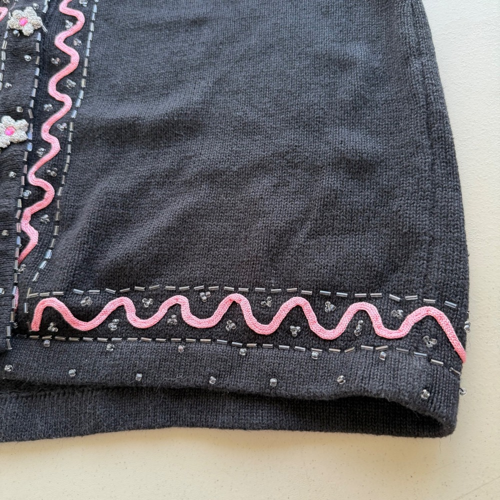 Storybook Knits Vintage M Black Floral Beads Fringe Cardigan Sweater Cottagecore - Picture 11 of 16
